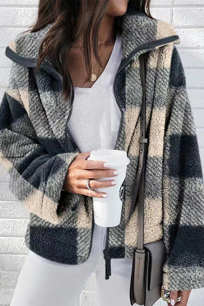 Kaynafashions - Street Plaid Color Block Patchwork Turndown Collar Outerwear