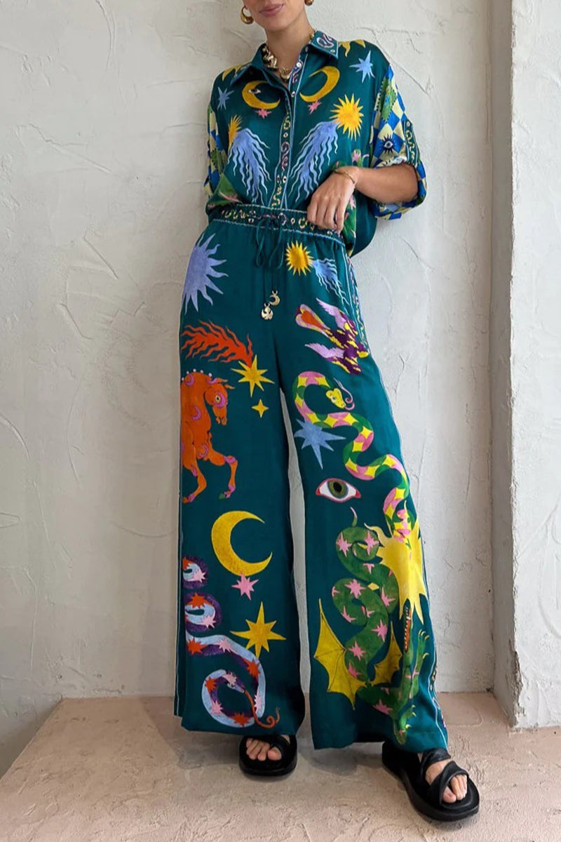 Kaynafashions - Casual Animal Printing Turndown Collar Long Sleeve Two Pieces(3 Colors)