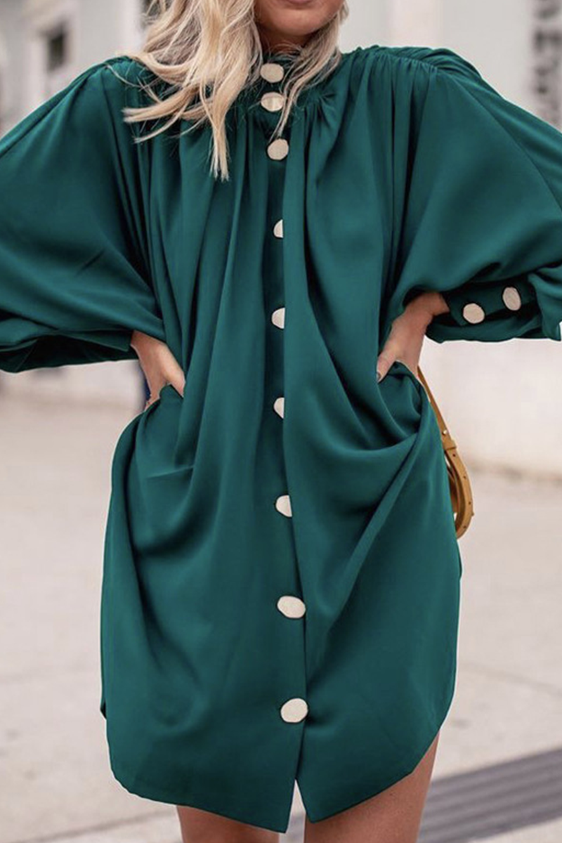 Kaynafashions - Casual Solid Buckle Half A Turtleneck Shirt Dress Dresses(5 colors)