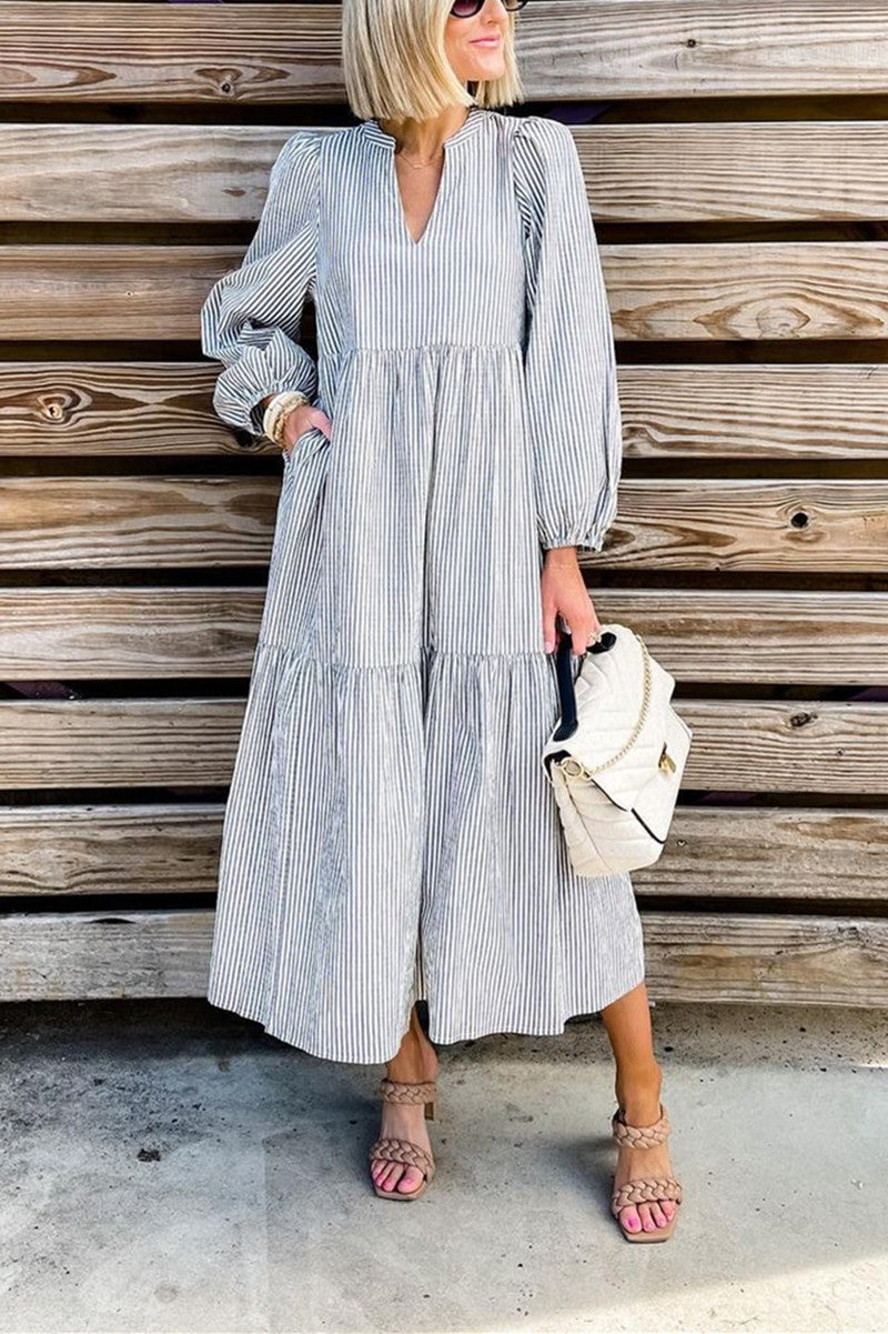 Kaynafashions - Fashion Casual Striped V Neck Long Dress Dresses