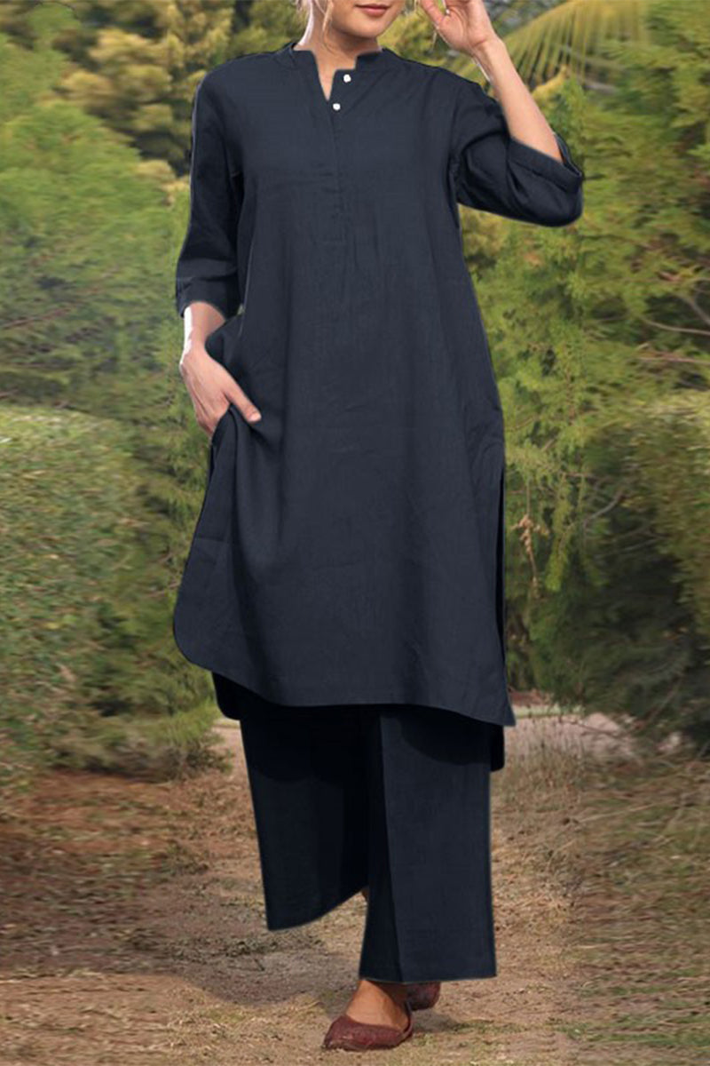 Kaynafashions - Casual Solid Pocket O Neck Long Sleeve Two Pieces