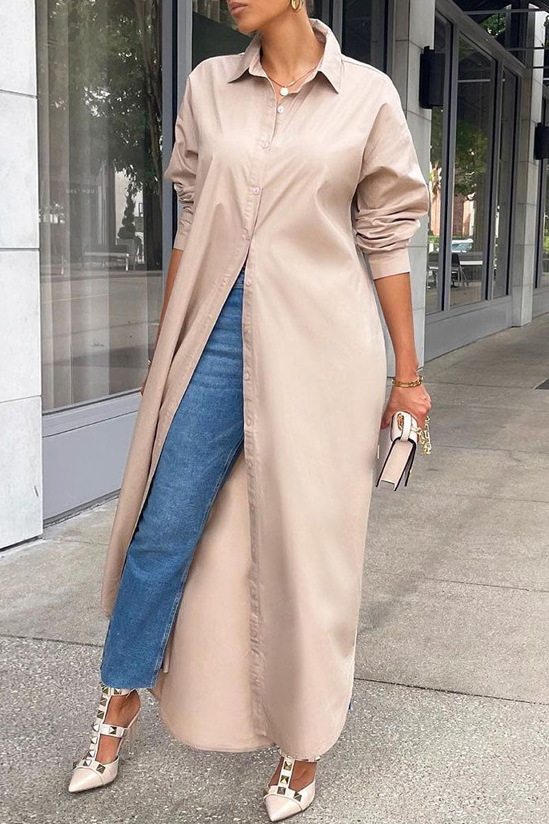 Kaynafashions - Casual Solid Patchwork Buckle Turndown Collar Tops