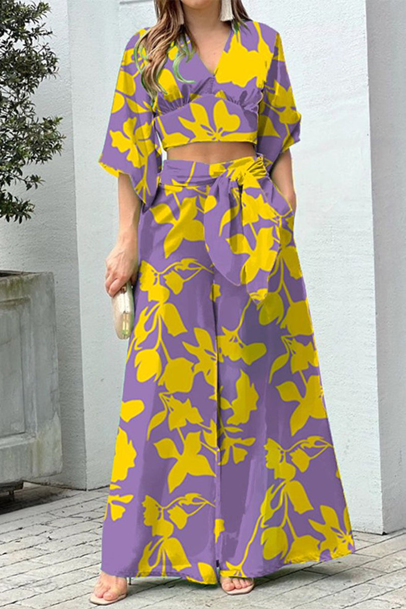 Kaynafashions - Elegant Print Frenulum V Neck Half Sleeve Two Pieces(10 Colors)