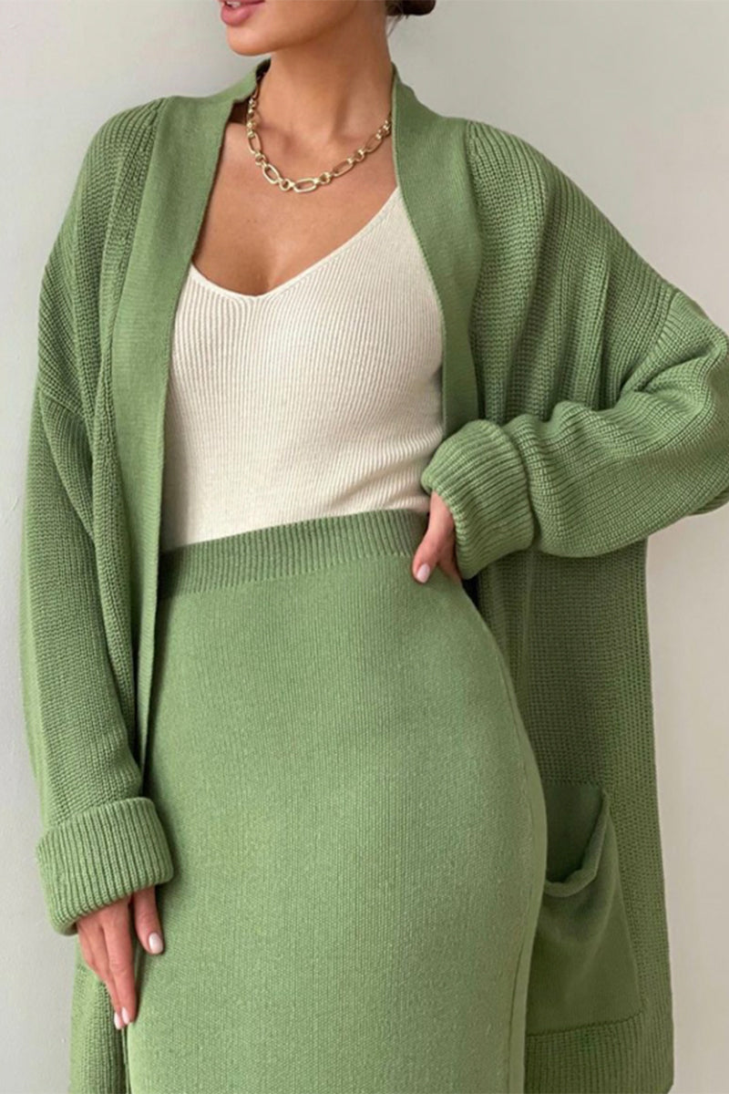 Kaynafashions - Casual Simplicity Solid Cardigan Collar Long Sleeve Two Pieces(4 Colors)