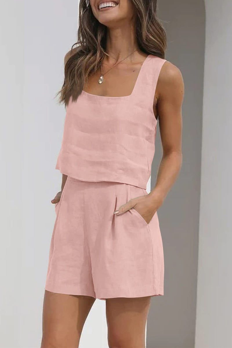 Kaynafashions - Casual Simplicity Solid Pocket Square Collar Sleeveless Two Pieces(16 Colors)