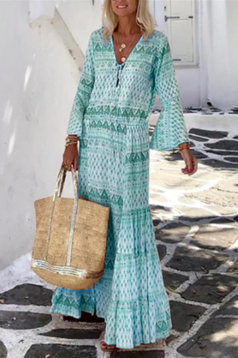 Kaynafashions - Casual Print Patchwork V Neck Cake Skirt Dresses(5 Colors)