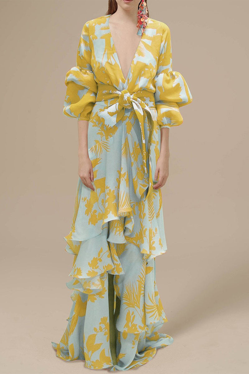 Kaynafashions - Elegant Floral Patchwork V Neck Irregular Dress Dresses