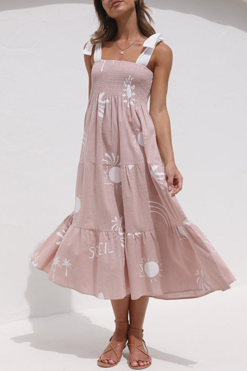 Kaynafashions - Sweet Elegant Print Frenulum Square Collar Beach Dress Dresses