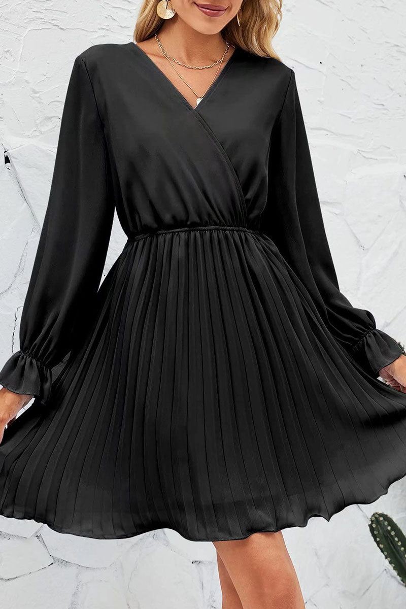 Kaynafashions - Sweet Patchwork Frenulum Fold V Neck Pleated Dresses(5 Colors)