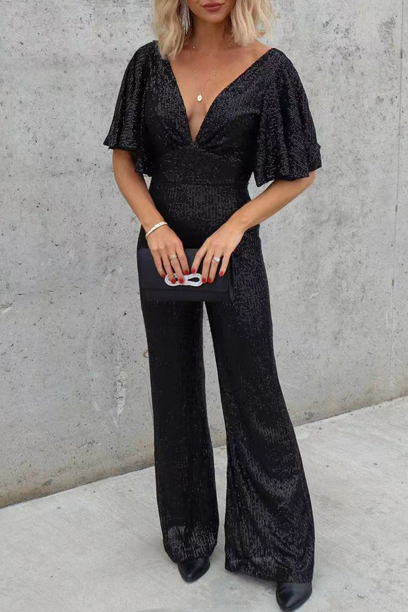 Kaynafashions - Casual Simplicity Solid Sequins V Neck Regular Jumpsuits