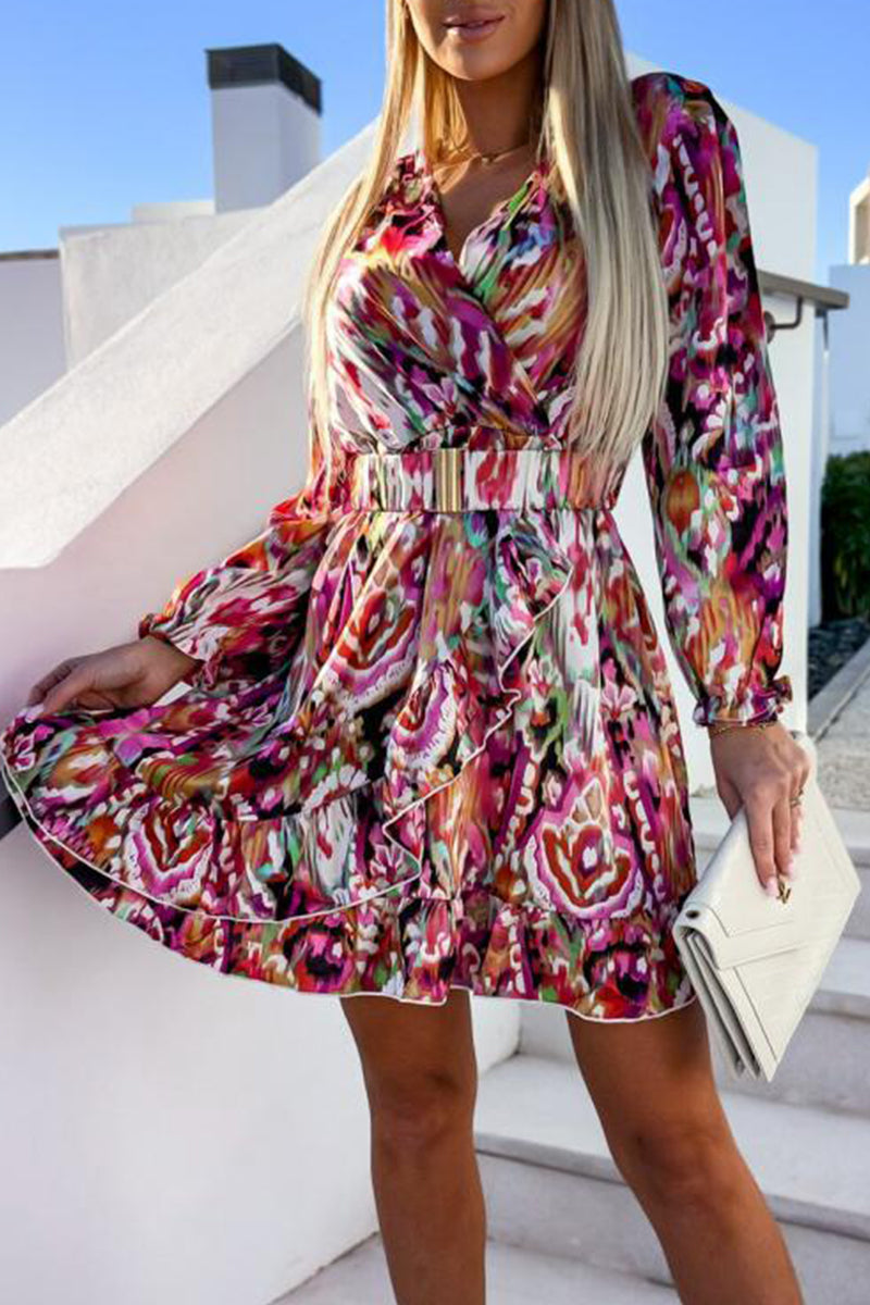Kaynafashions - Elegant Floral Flounce V Neck Irregular Dress Dresses