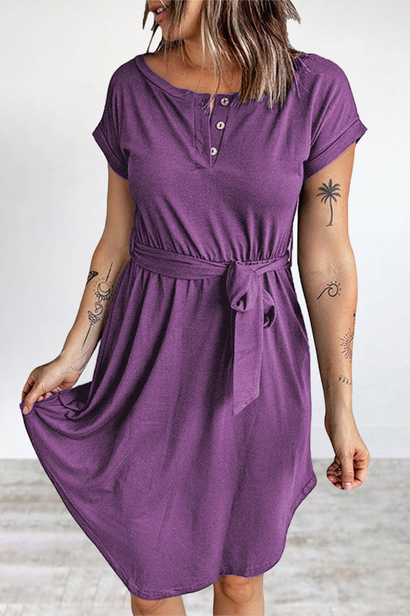 Kaynafashions - Casual Daily Solid Buttons O Neck Short Sleeve Dress Dresses