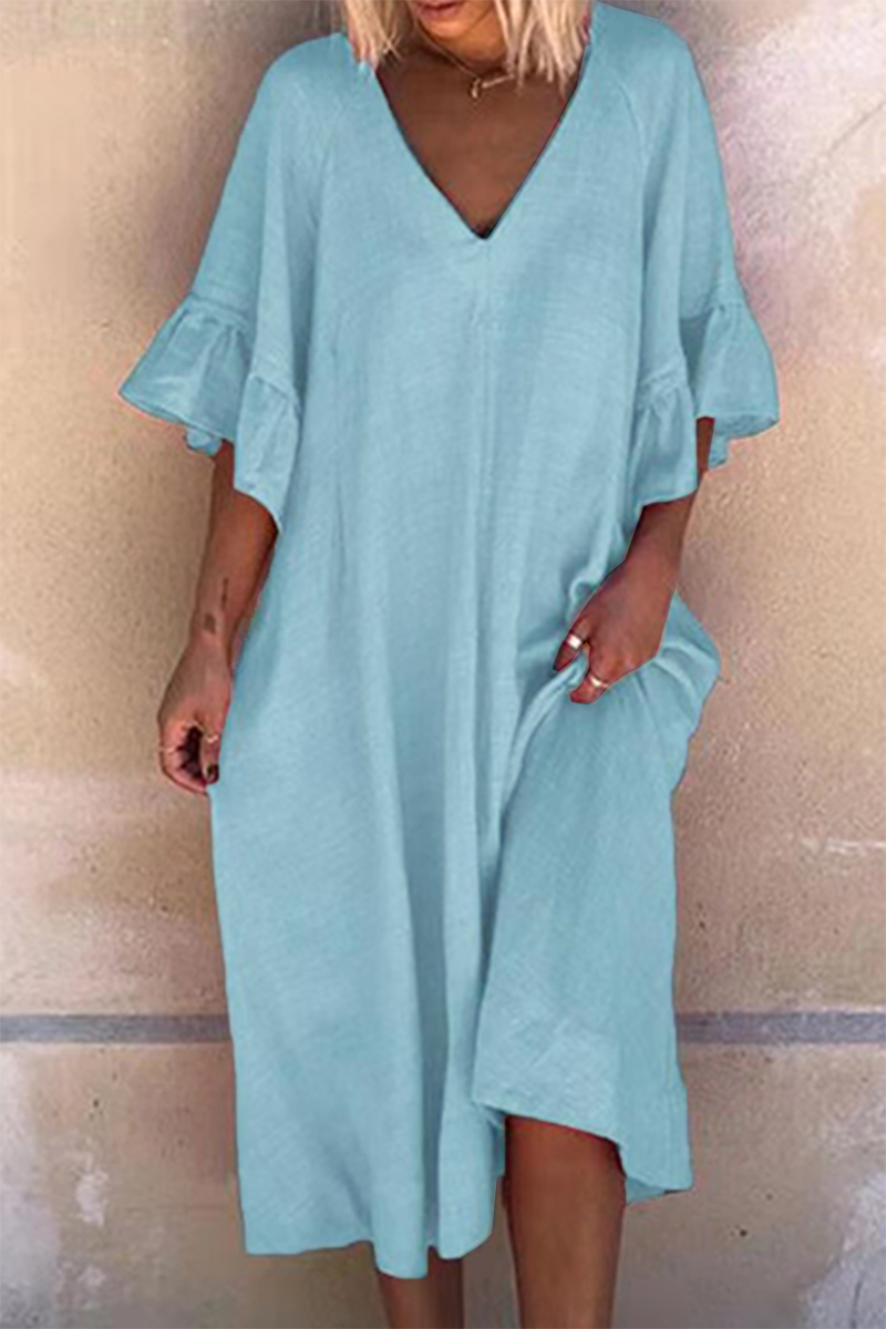 Kaynafashions - Casual Solid Patchwork Flounce V Neck Dresses