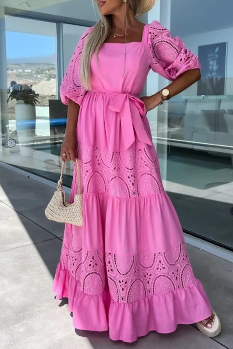 Kaynafashions - Sweet Elegant Solid Lace Hollowed Out Frenulum Square Collar Princess Dresses