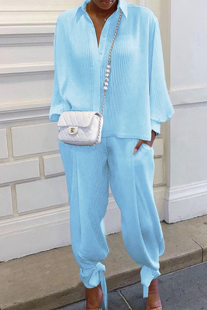 Kaynafashions - Casual Solid Pocket Turndown Collar Long Sleeve Two Pieces