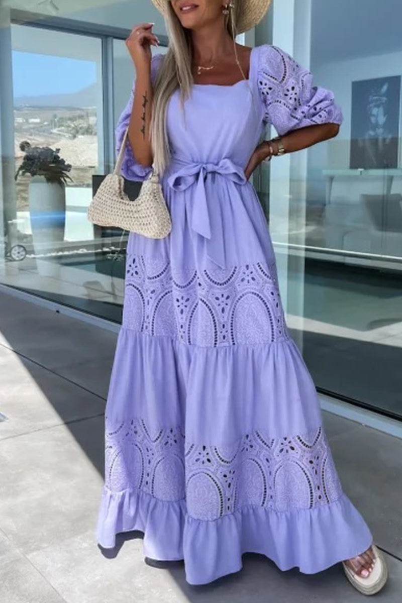 Kaynafashions - Sweet Elegant Solid Lace Hollowed Out Frenulum Square Collar Princess Dresses