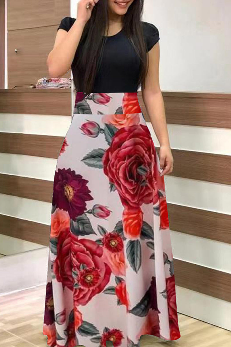 Kaynafashions - Casual Bohemian Print Solid Patchwork O Neck Short Sleeve Dress Dresses(12 Colors)
