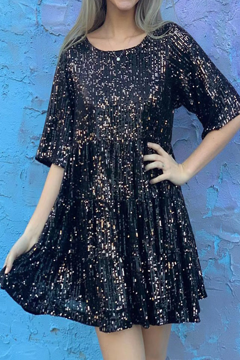 Kaynafashions - Casual Solid Sequins O Neck One Step Skirt Short Sleeve Dress