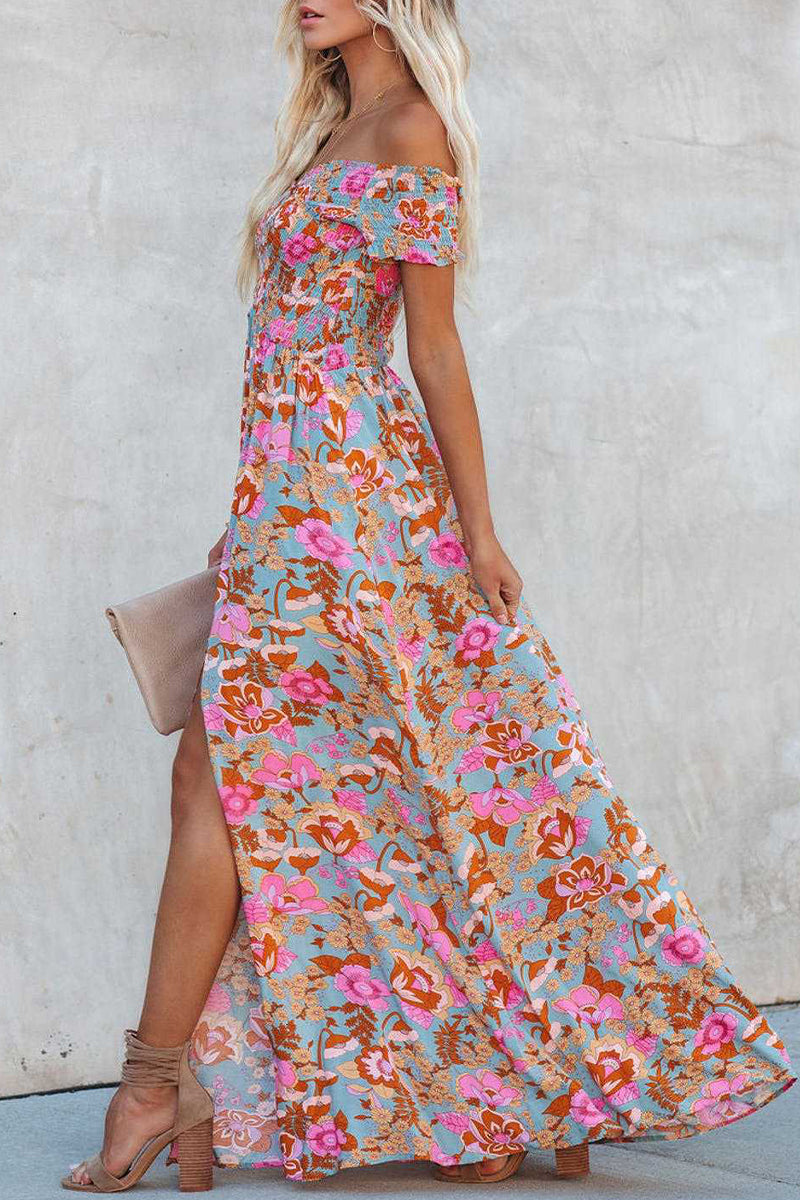 Kaynafashions - Elegant Vacation Floral Patchwork Off the Shoulder Printed Dress Dresses