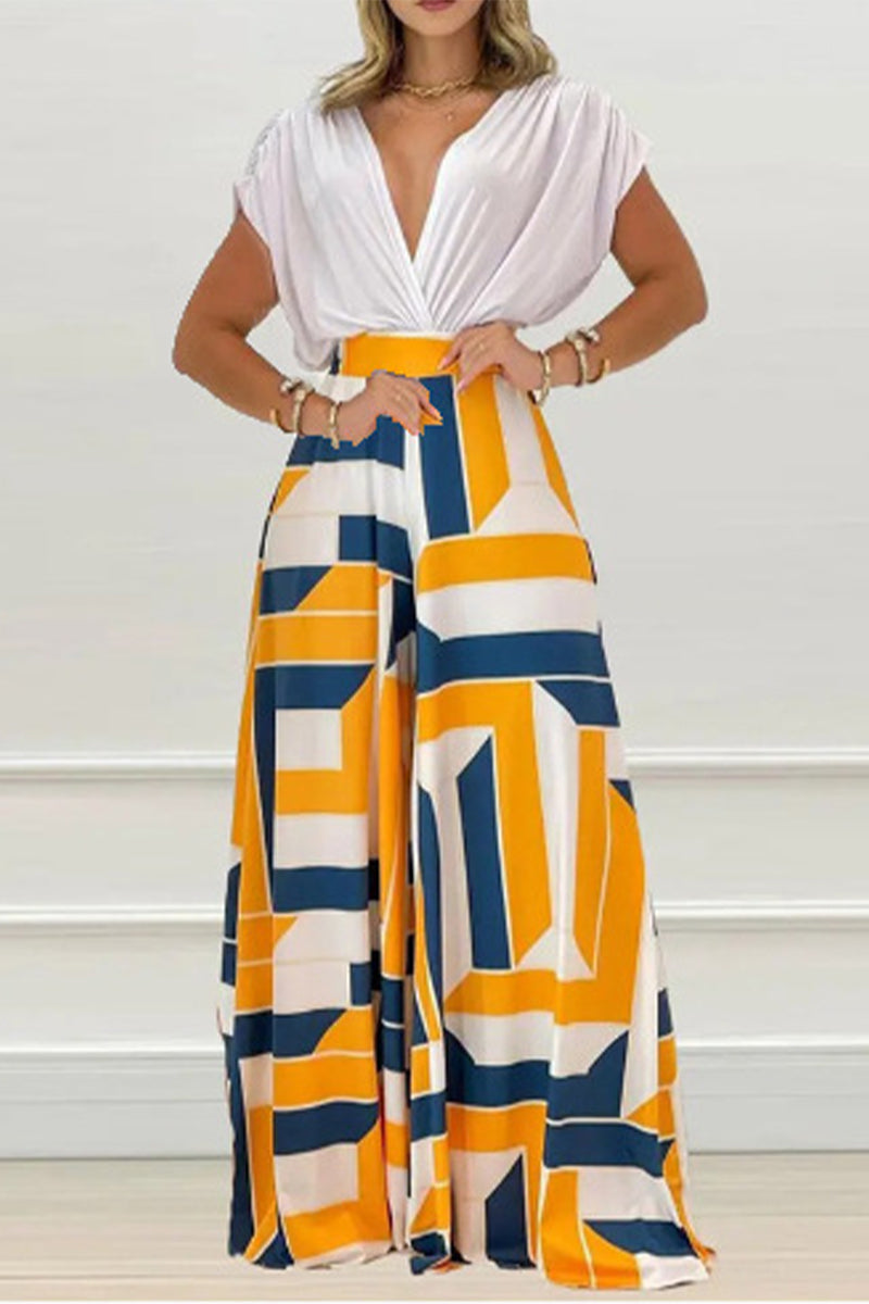 Kaynafashions - Elegant Print Solid Patchwork V Neck Short Sleeve Two Pieces