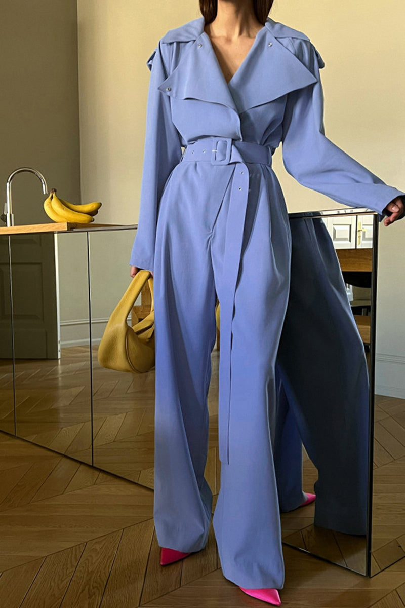 Kaynafashions - Work Solid Frenulum Turn-back Collar Regular Jumpsuits