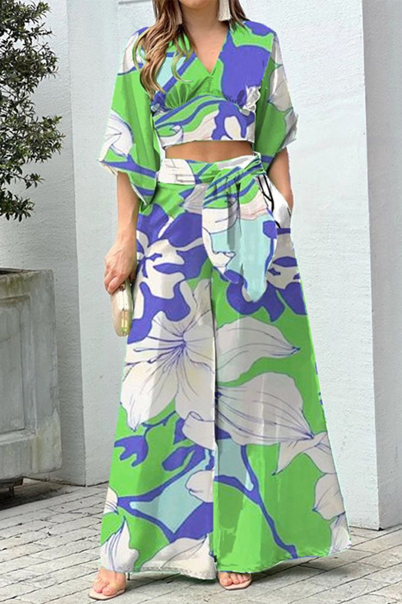 Kaynafashions - Elegant Print Frenulum V Neck Half Sleeve Two Pieces(10 Colors)