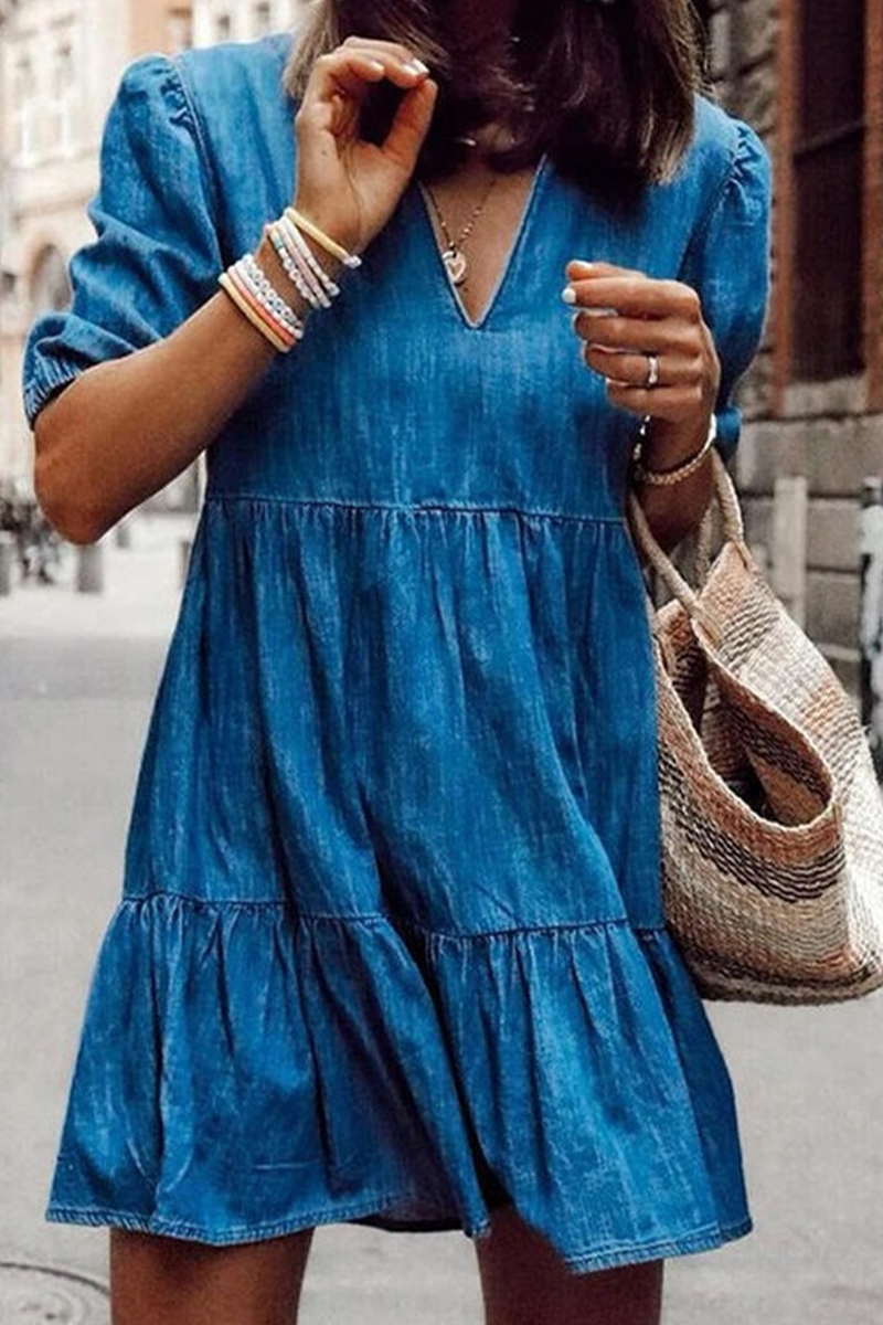 Kaynafashions - Casual Solid Patchwork V Neck Cake Skirt Dresses