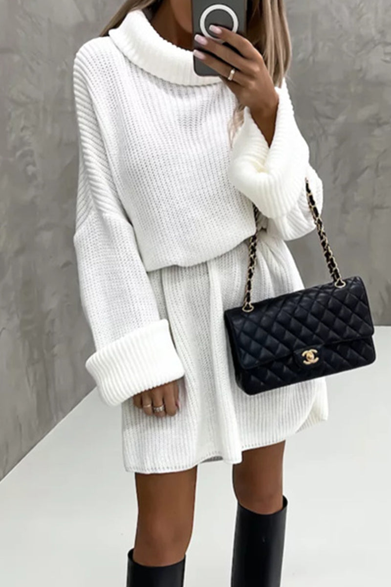 Kaynafashions - Elegant Solid Patchwork Turtleneck One Step Skirt Dresses