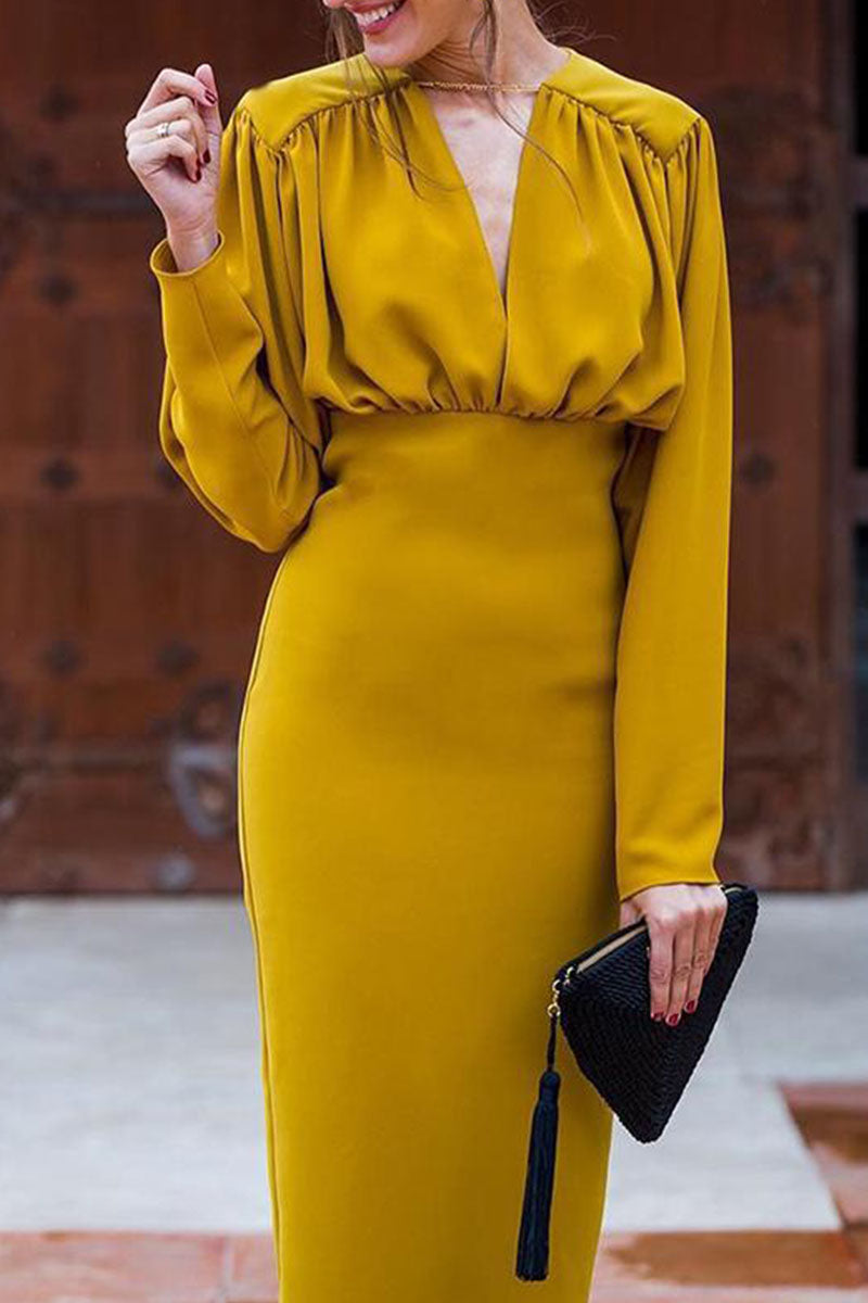 Kaynafashions - Elegant Solid Patchwork Fold V Neck One Step Skirt Dresses