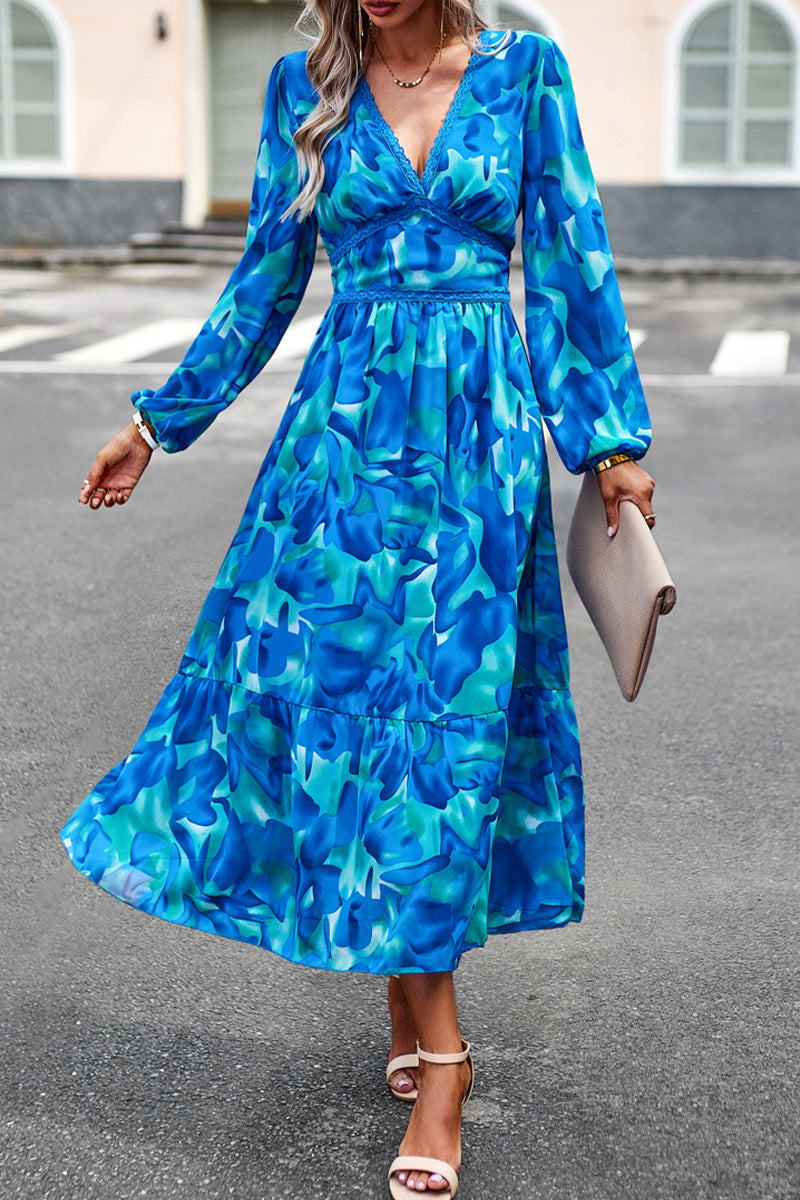 Kaynafashions - Elegant Geometric Printing V Neck A Line Dresses