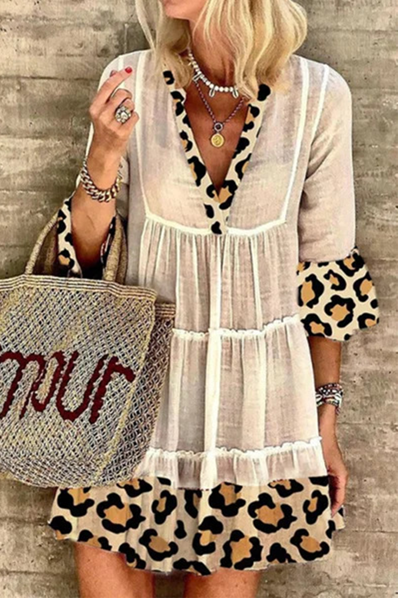 Kaynafashions - Casual Elegant Leopard Lace Patchwork V Neck A Line Dresses(3 Colors)