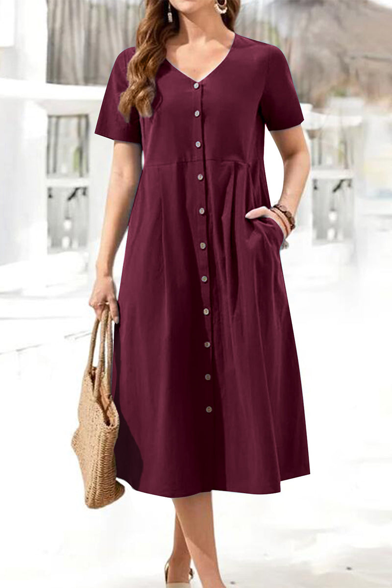 Kaynafashions - Casual College Solid Pocket Buckle V Neck Short Sleeve Dress Dresses(5 Colors)