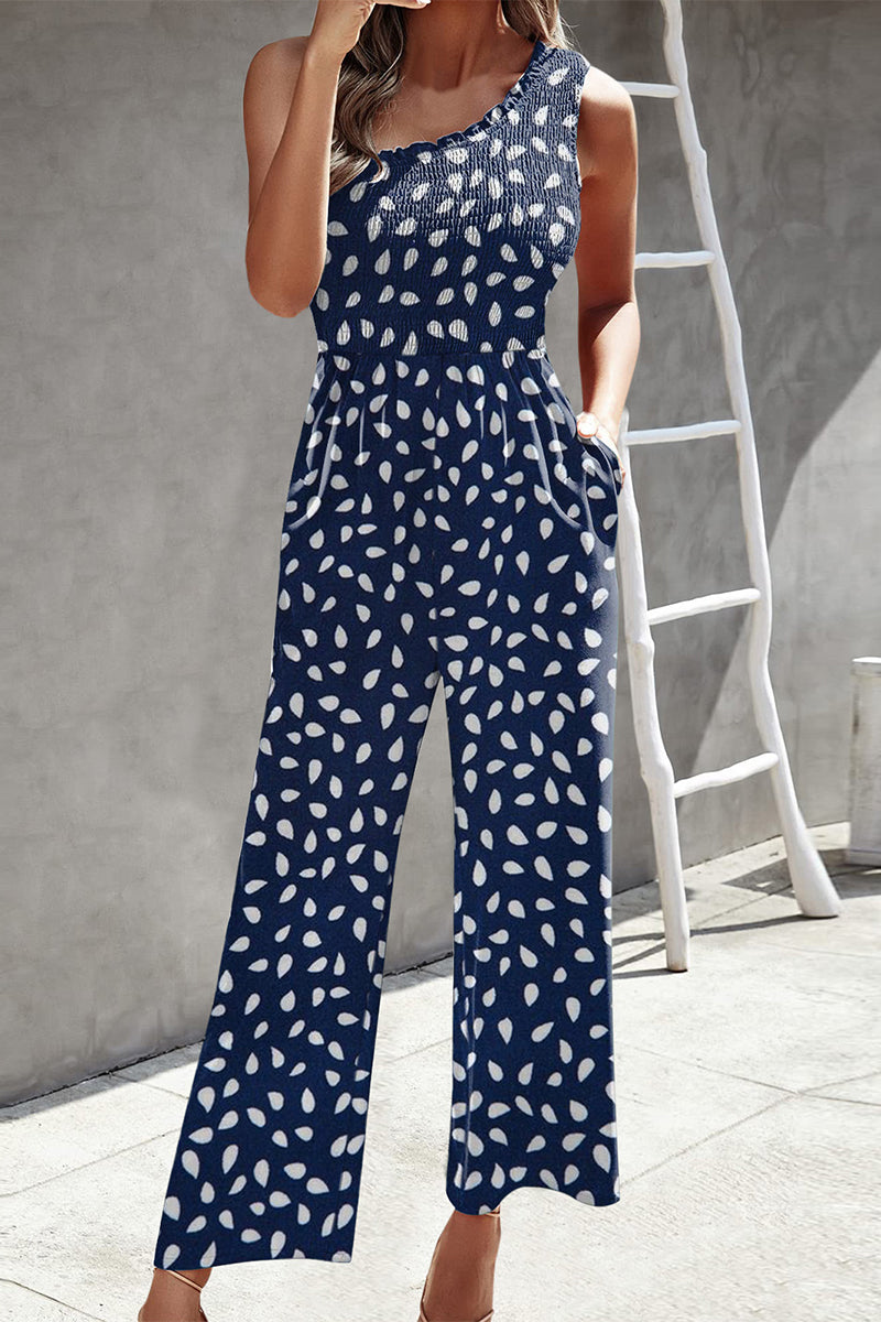 Kaynafashions - Casual Print Patchwork Pocket Oblique Collar Loose Jumpsuits