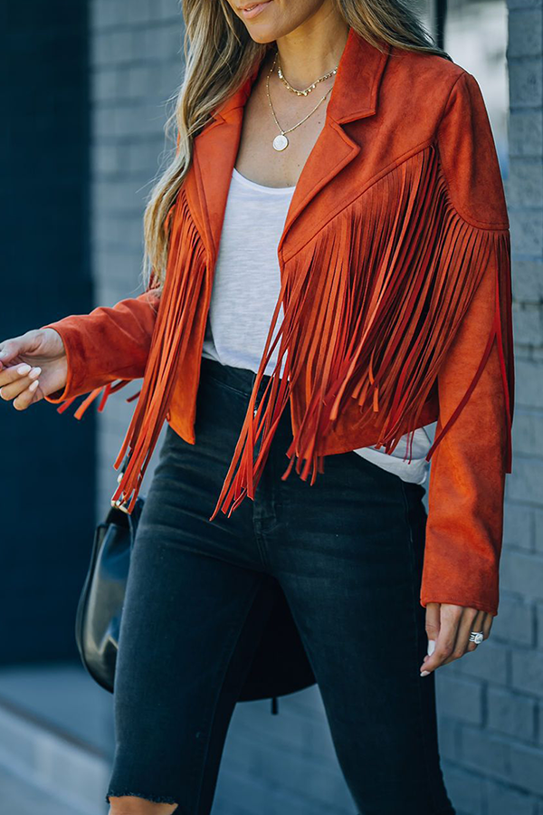 Kaynafashions - Fashion Street Solid Tassel Patchwork Turndown Collar Outerwear