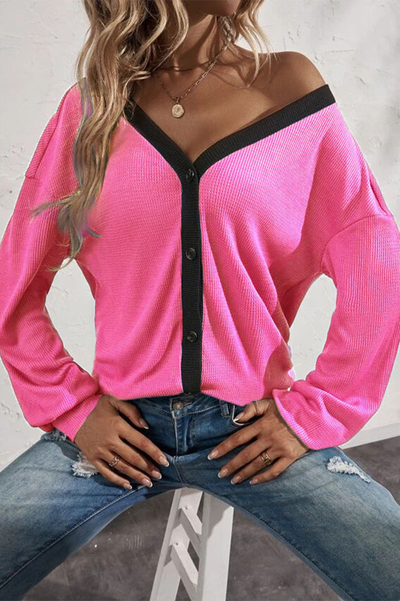 Kaynafashions - Casual Solid Patchwork Buttons V Neck T-Shirts(7 Colors)