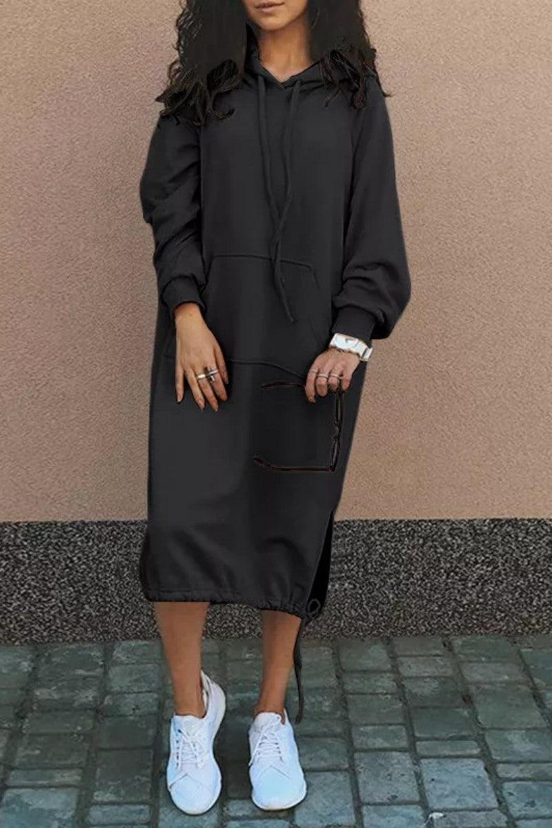 Kaynafashions - Casual Solid Patchwork Hooded Collar Long Sleeve Dresses