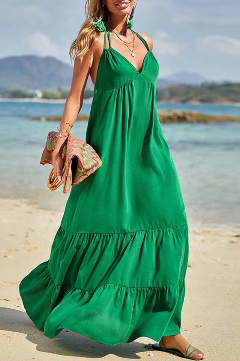 Kaynafashions - Casual Vacation Solid Backless V Neck Sling Dress Dresses