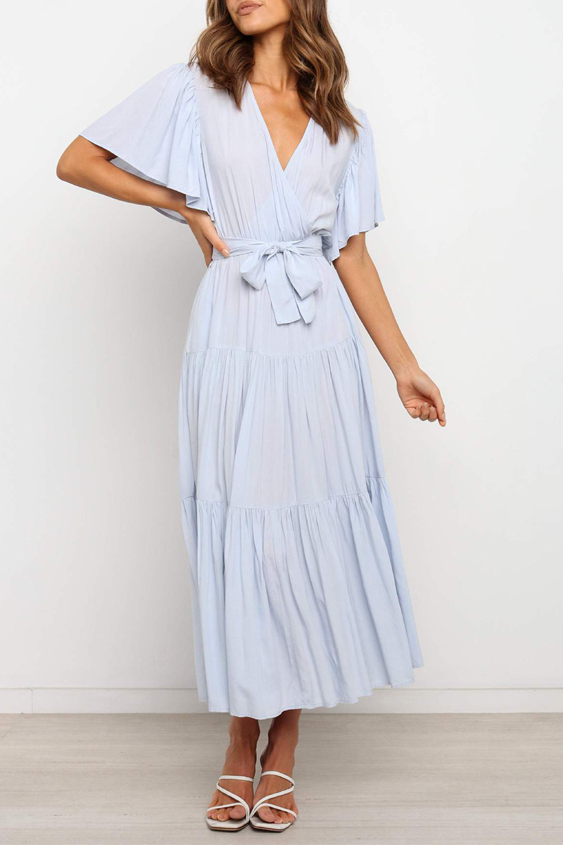 Kaynafashions - Casual Solid Patchwork V Neck Cake Skirt Dresses