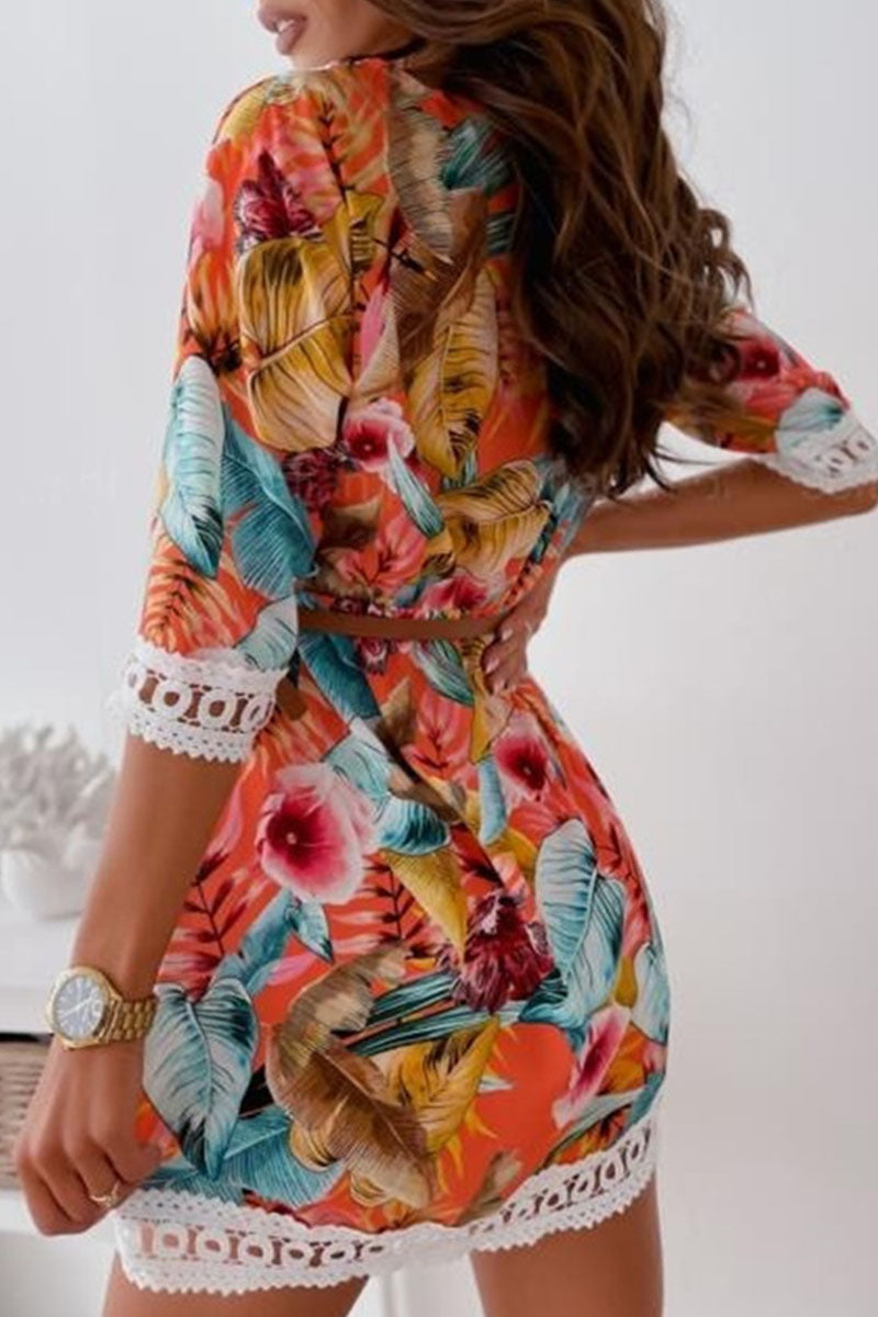 Kaynafashions - Fashion Sweet Print Patchwork V Neck A Line Dresses