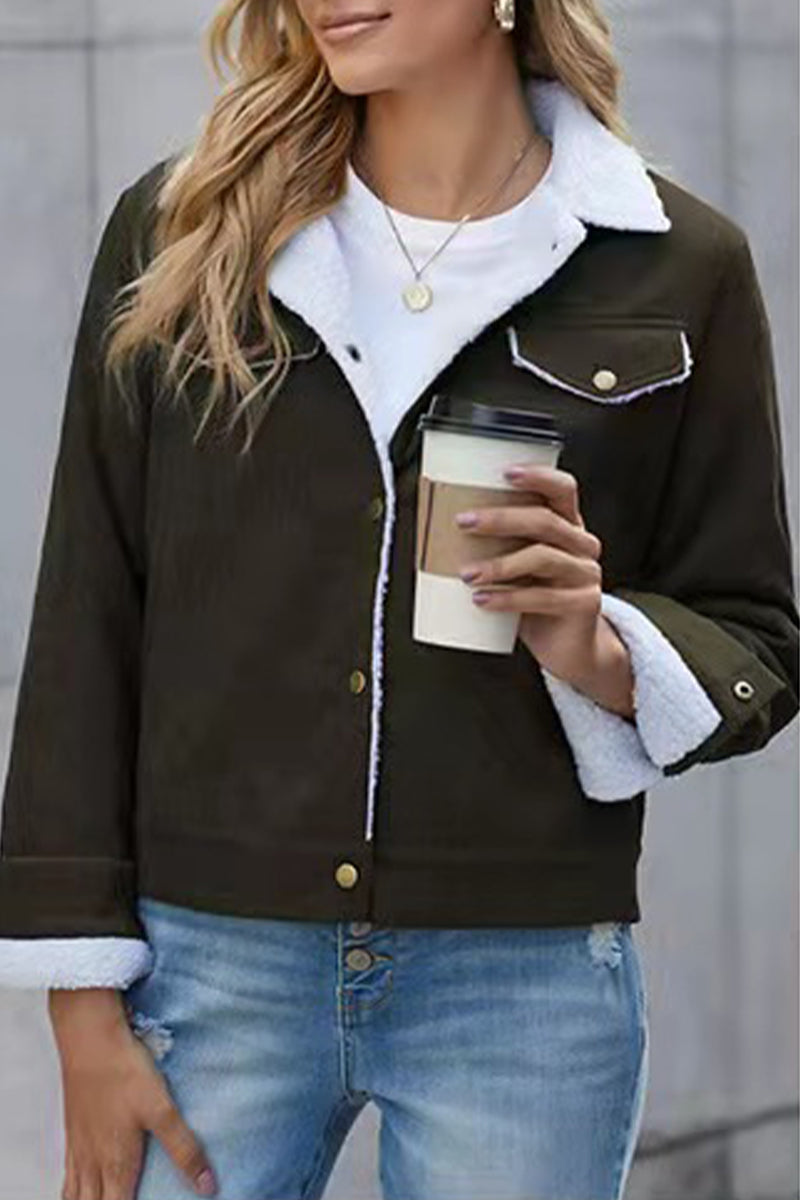 Kaynafashions - Street Solid Buckle Turndown Collar Outerwear