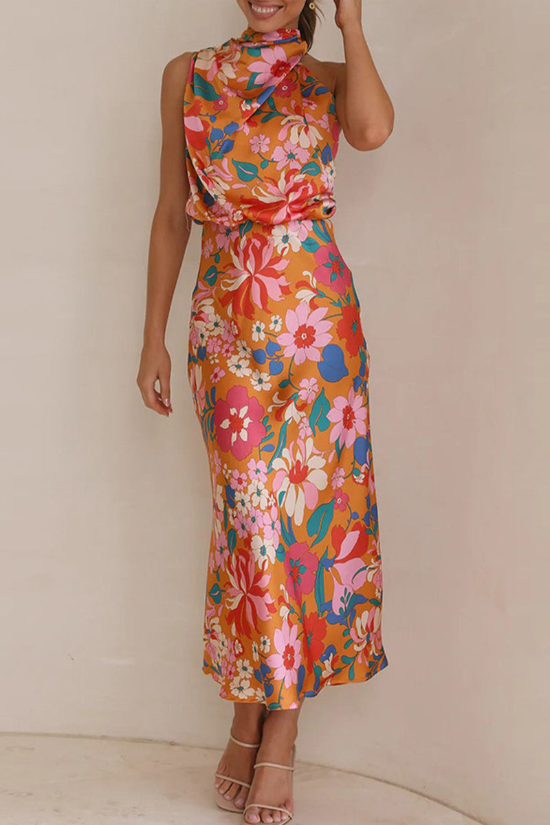 Kaynafashions - Celebrities Elegant Print Patchwork Asymmetrical Collar One Step Skirt Dresses