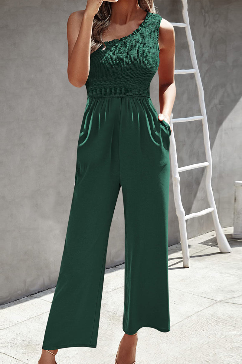 Kaynafashions - Casual Print Patchwork Pocket Oblique Collar Loose Jumpsuits