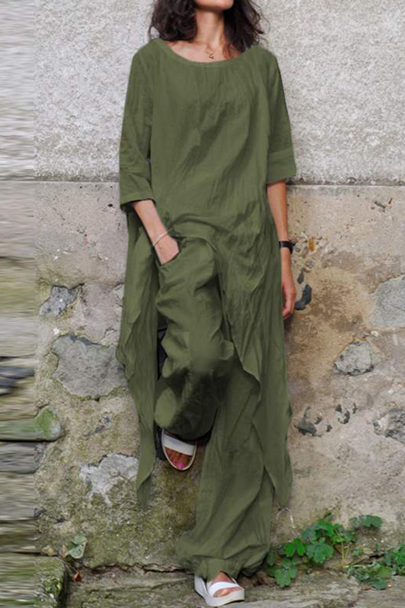 Kaynafashions - Casual Simplicity Solid Asymmetrical O Neck Three Quarter Two Pieces(4 Colors)