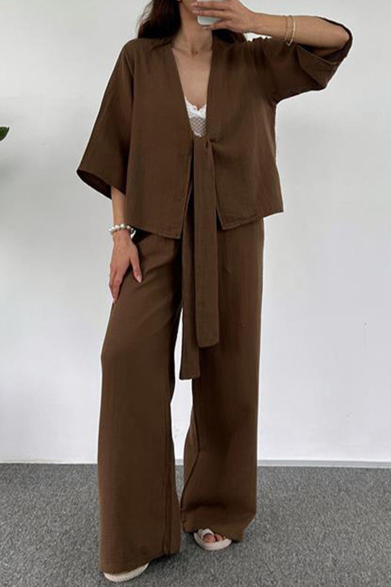 Kaynafashions - Casual Simplicity Solid Pocket V Neck Three Quarter Two Pieces(3 Colors)