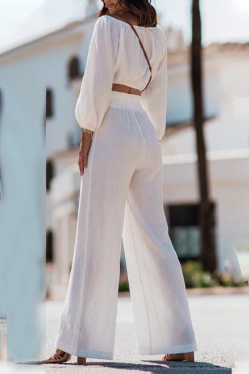 Kaynafashions - Casual Simplicity Solid Fold Off the Shoulder Long Sleeve Two Pieces