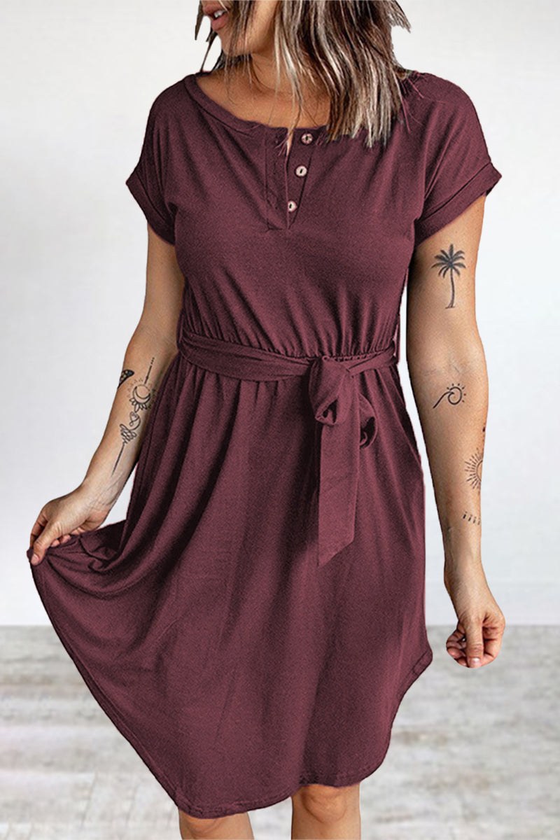 Kaynafashions - Casual Daily Solid Buttons O Neck Short Sleeve Dress Dresses