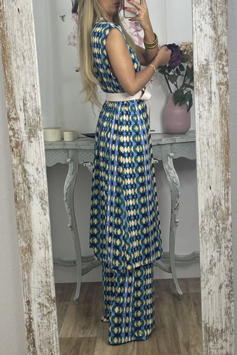 Kaynafashions - Casual Geometric With Belt Printing V Neck Sleeveless Two Pieces