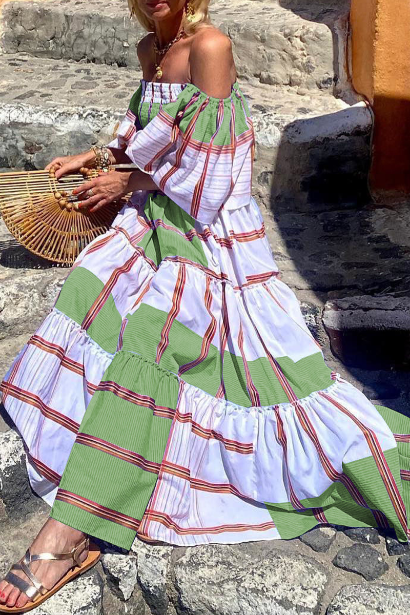 Kaynafashions - Fashion Print Patchwork Off the Shoulder Cake Skirt Dresses(3 Colors)