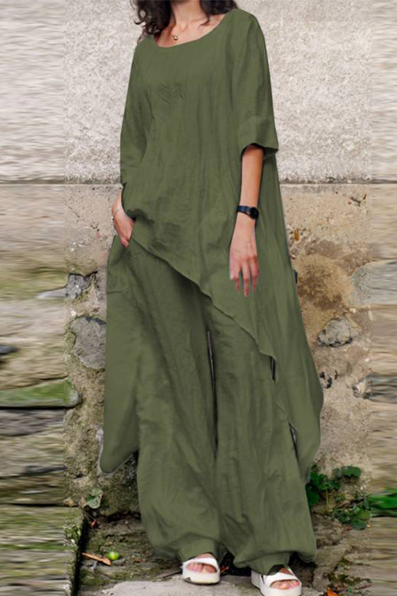 Kaynafashions - Casual Simplicity Solid Asymmetrical O Neck Three Quarter Two Pieces(4 Colors)