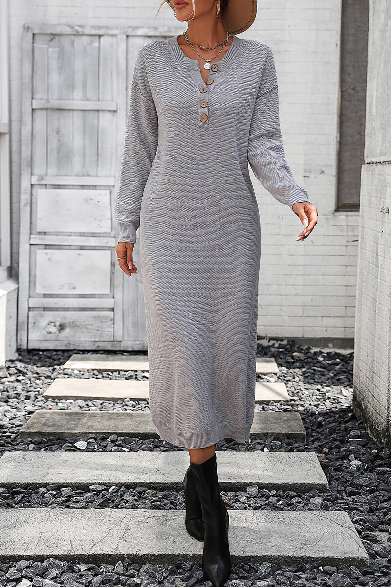 Kaynafashions - Elegant Solid Buckle O Neck Long Sleeve Dresses